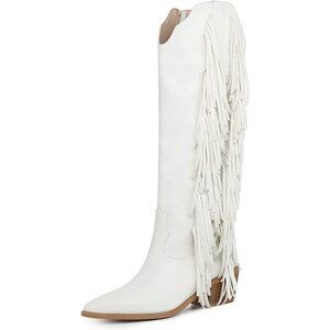 Women White Synthetic Fringe Tassels Pointed Toe Knee High Western Cowgirl Boots